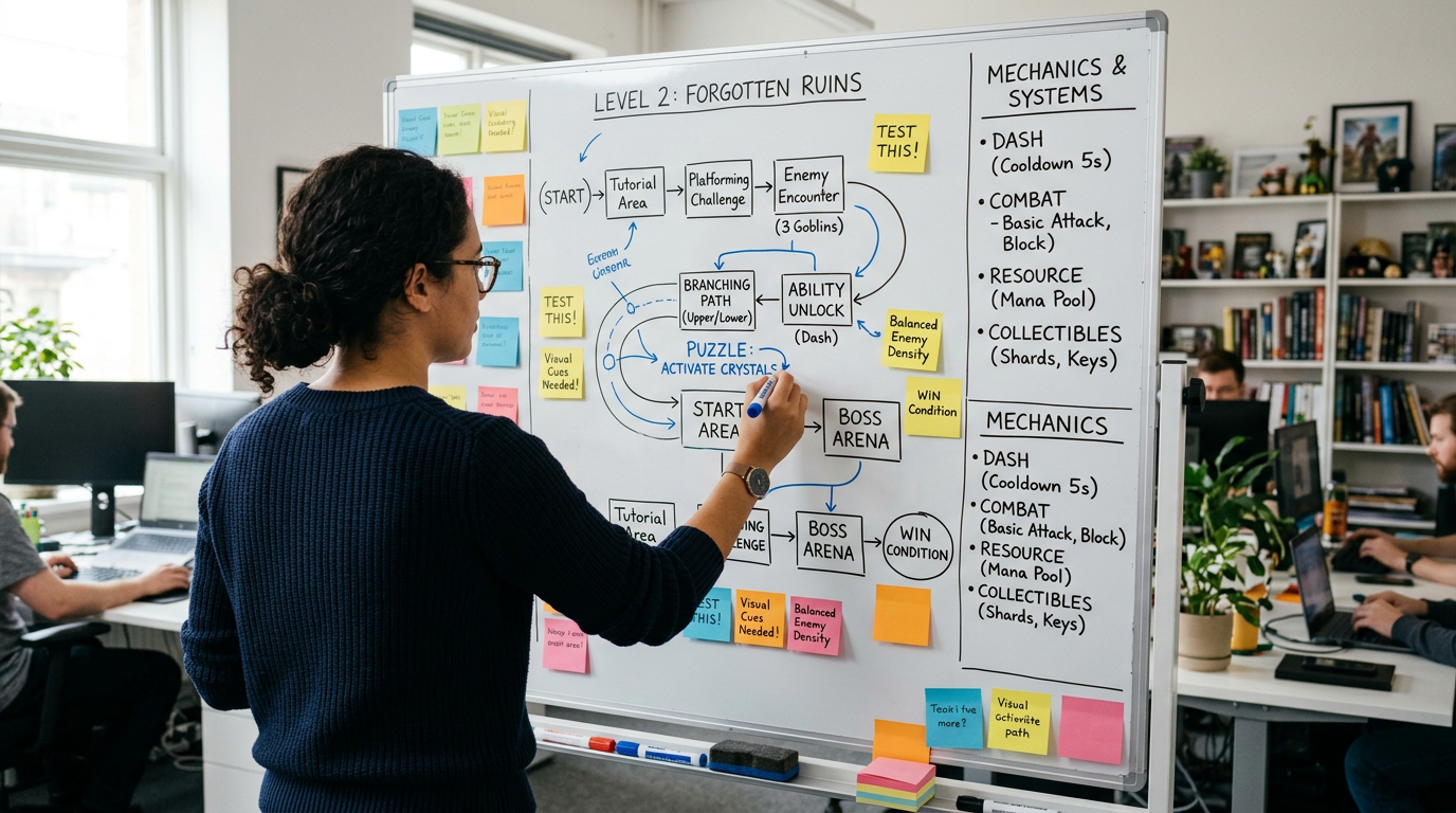 Whiteboard with mechanics diagrams, arrows, and game flow