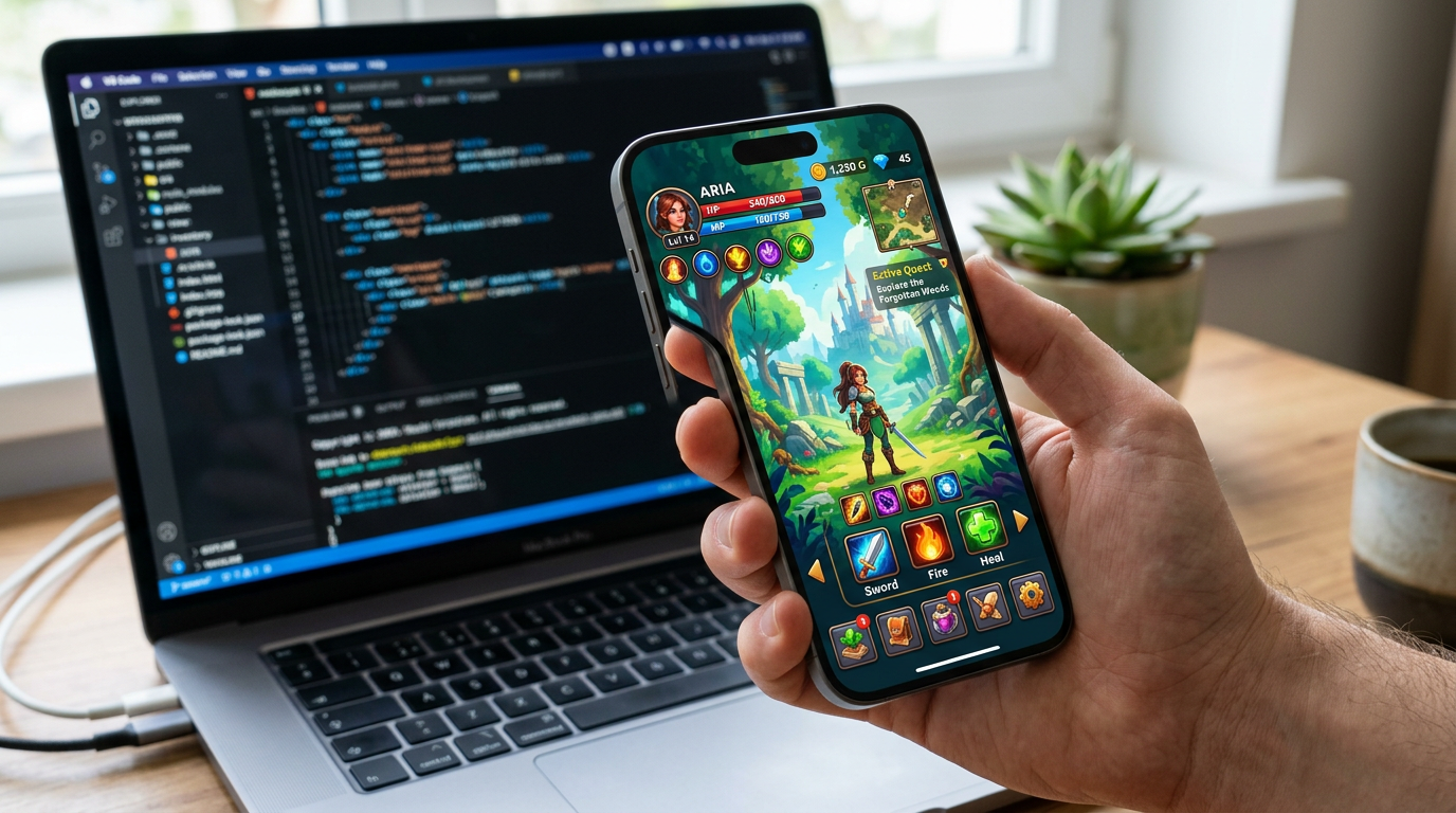 Hand holding a smartphone with a game prototype, laptop blurred in the background