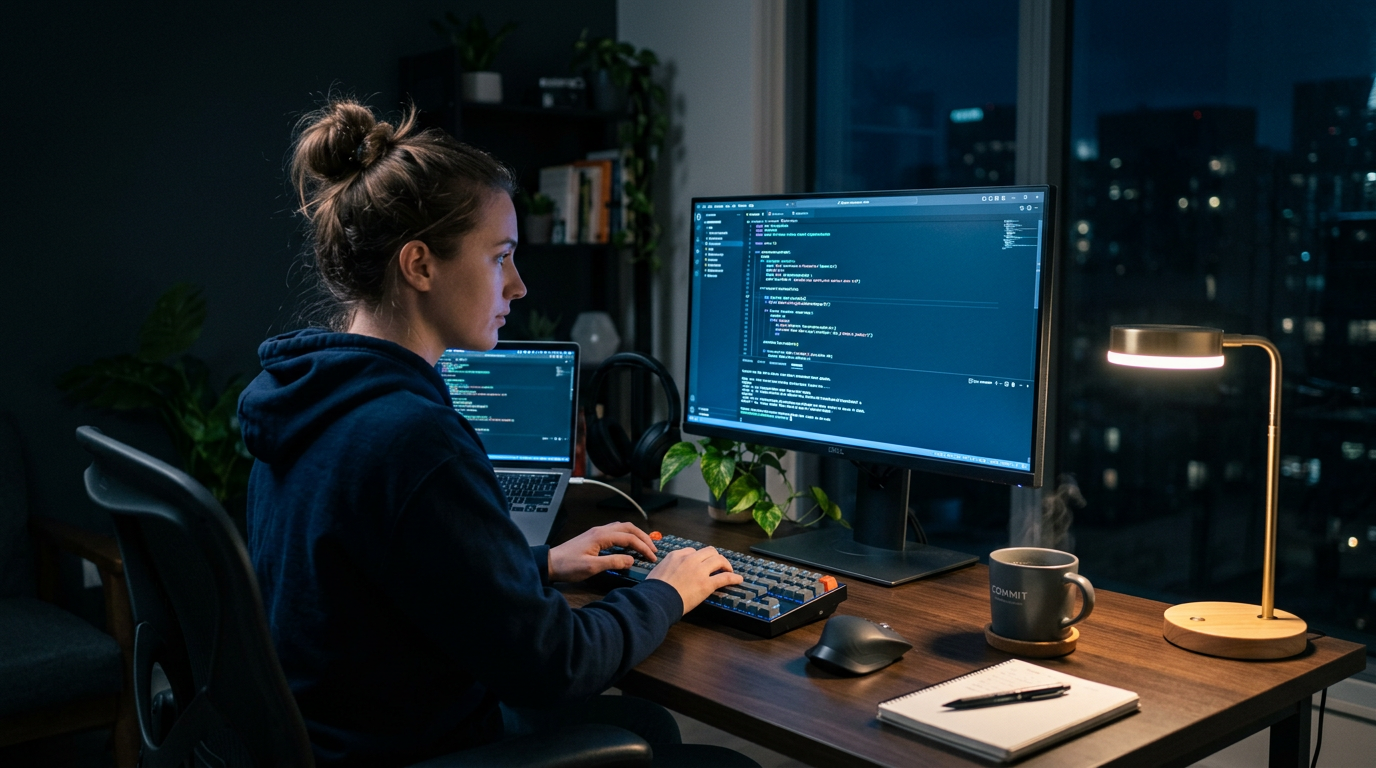 Evening home office with a laptop and second monitor, quiet coding environment