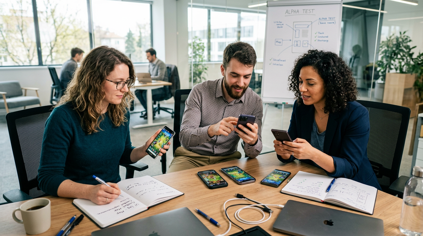 A small team testing mobile game builds in a round-table setting