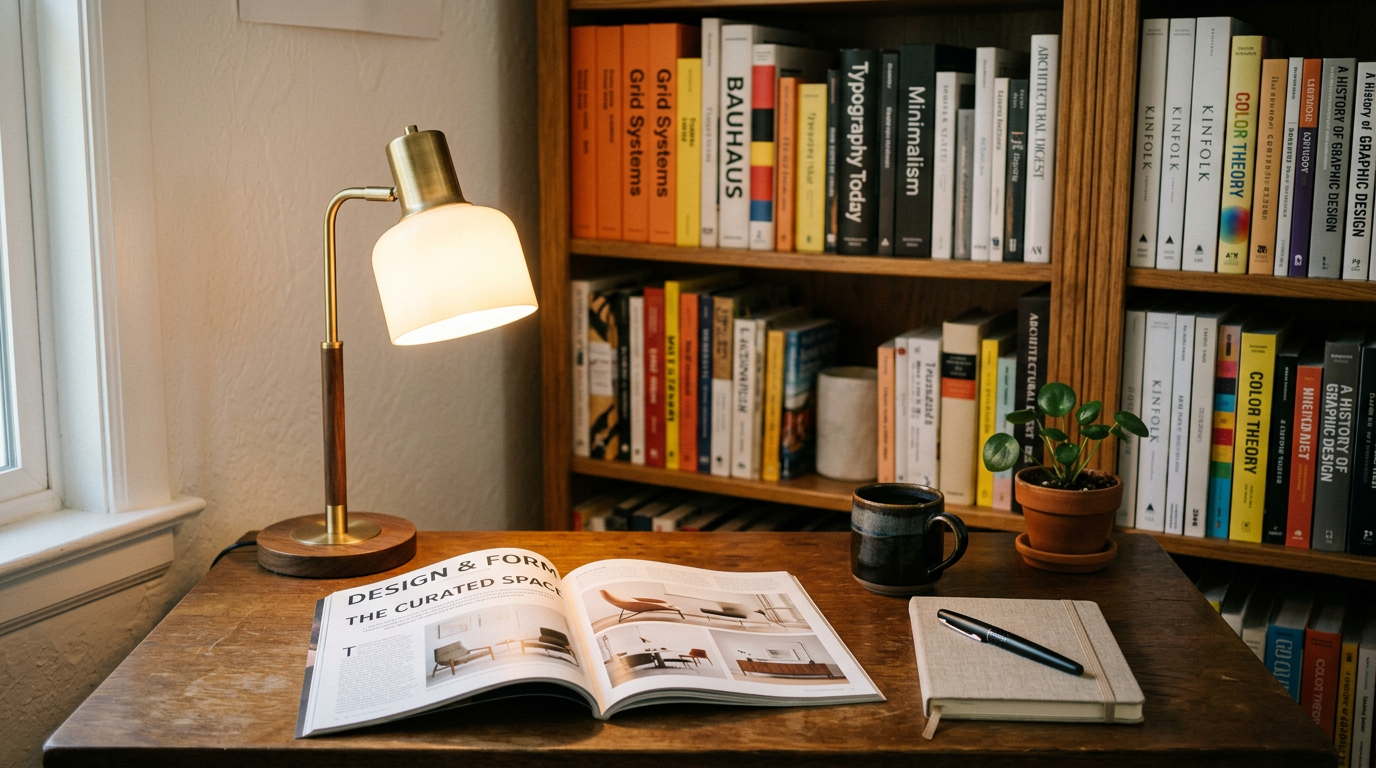 A quiet reading corner with a lamp and design books, editorial interior photograph