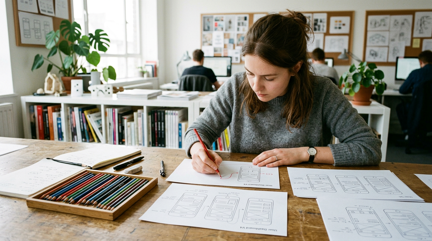 UI wireframe sheets, pencils, and a workspace table in daylight